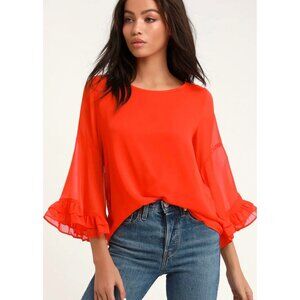 LULU'S Coral Red Wynwood 3/4 Flounce Sleeve Lined Women's Blouse Size Medium